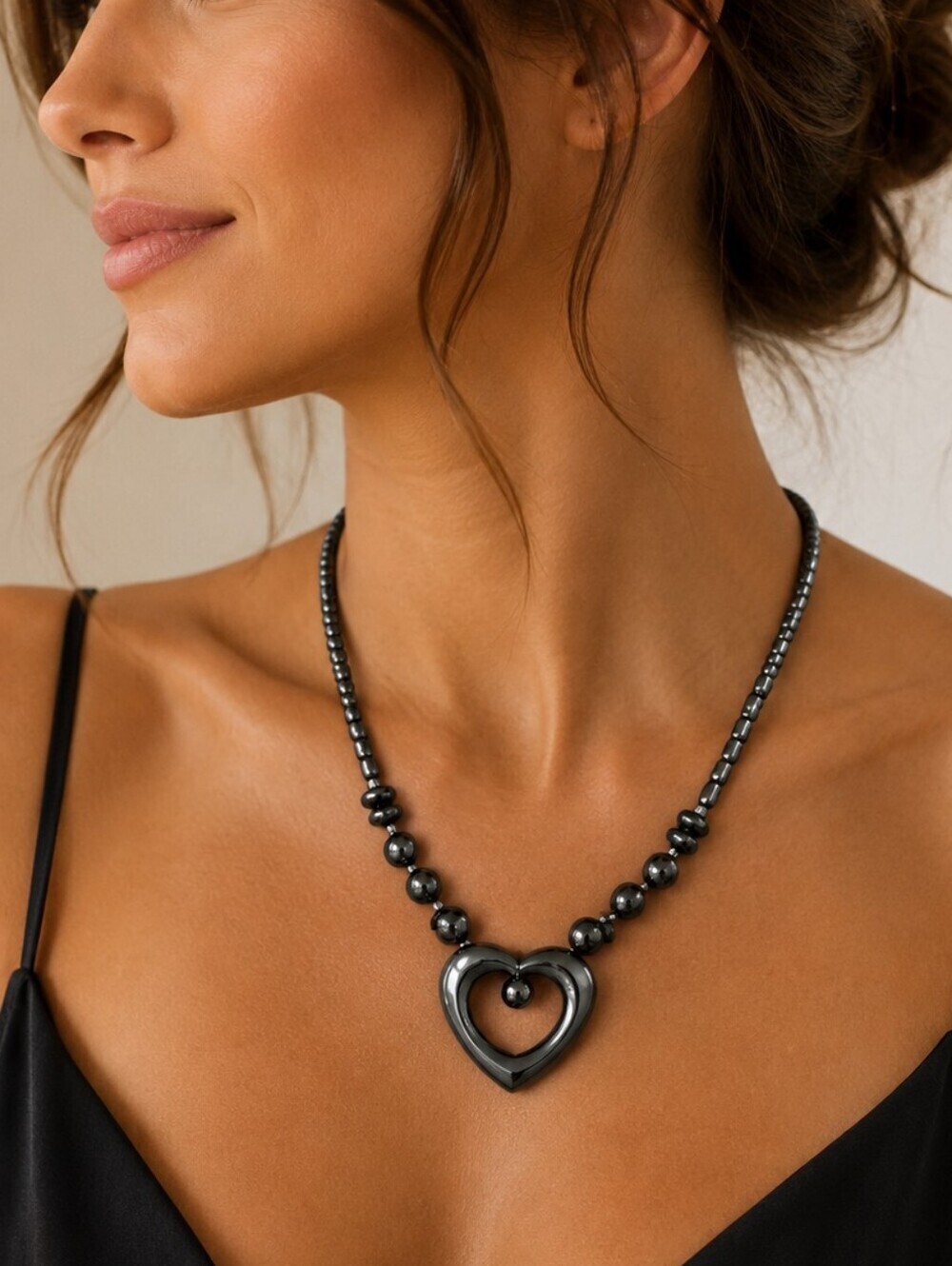 HEMATITE Gunmetal Heart Beaded Necklace